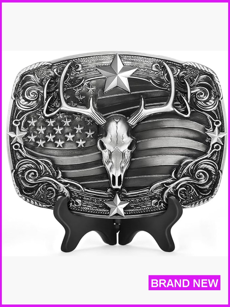 Western Cowboy Belt Buckle Deer & Flag Antler Skull Zinc Alloy 1.5in